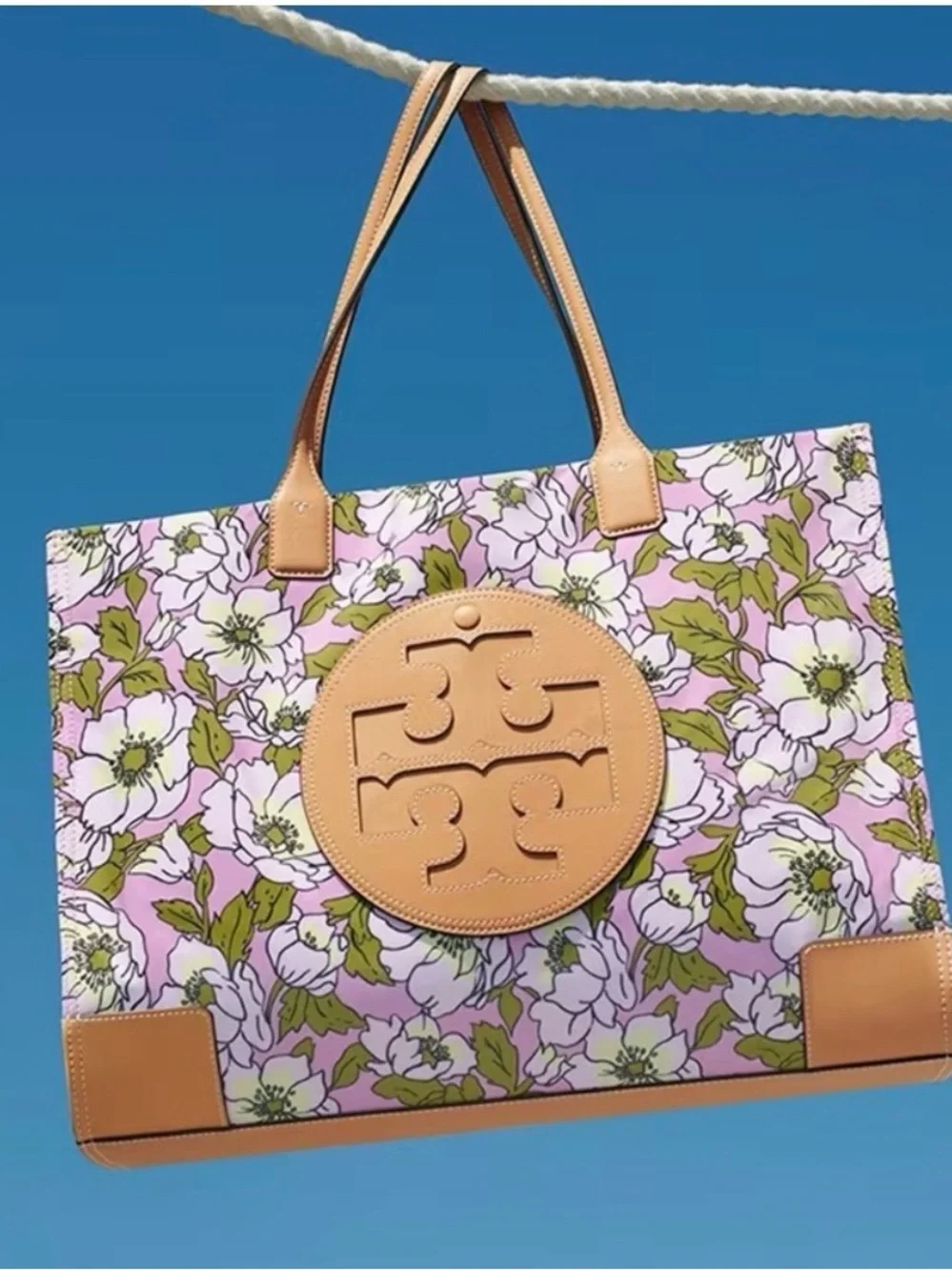 Tory Burch Ella Pink Floral Print Tote with Tan Leather Logo Laptop Sleeve